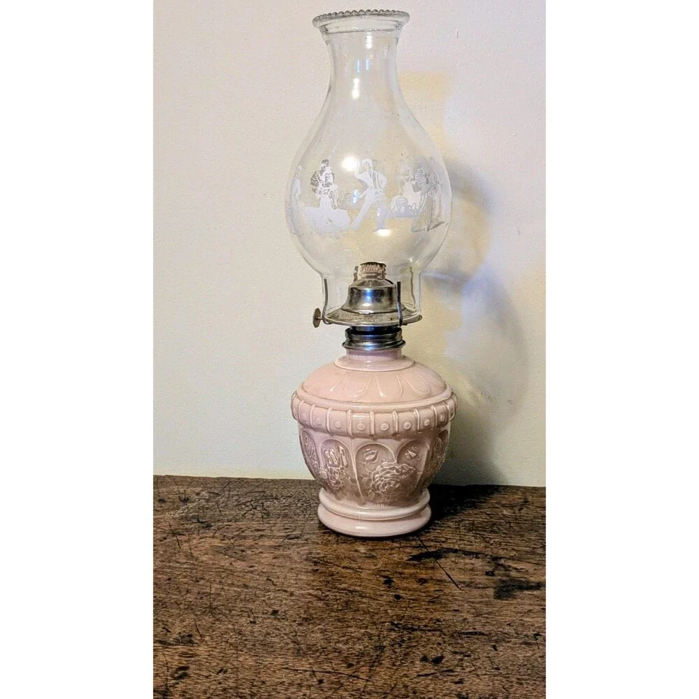 Vintage Kaadan Ltd Pink Embossed Glass Oil Lamp Kerosene Lamp w Clear Chimney